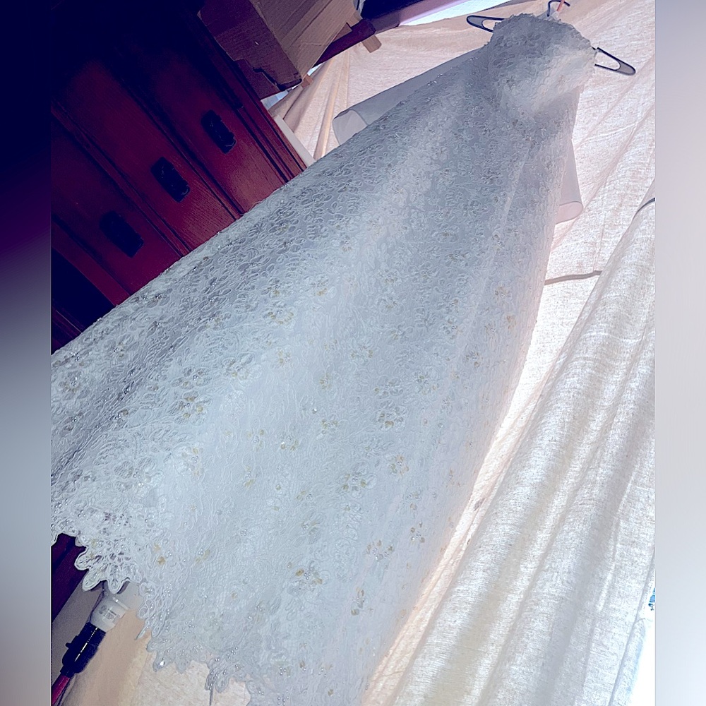 “Michaelangelo” Davids Bridal Strapless Lace Wedding Gown.